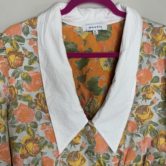 MOODIE Women's Size M Orange & Yellow Jacquard Floral Puffy Sleeved Mini Dress - Picture 5 of 15